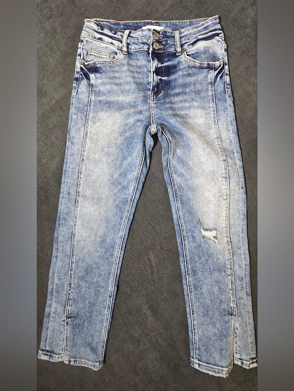 VERVET Distressed Acid Wash Straight Leg Jeans Front Seam Vent Split Hem 29